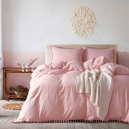 Princess Bedding Sets With Washed Ball Decorative Microfiber Fabric Cover Pillowcase, Size:Queen（Two Pillowcase and One Quilt）(Pink)-garmade.com