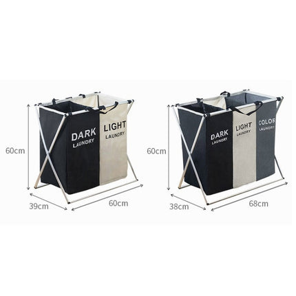 2 Grids Black and Beige Fabric Folding Hamper Waterproof Padded Oxford Compartment Laundry Basket Hamper-garmade.com