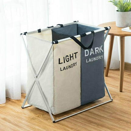 2 Grids Blue and Beige Fabric Folding Hamper Waterproof Padded Oxford Compartment Laundry Basket Hamper-garmade.com