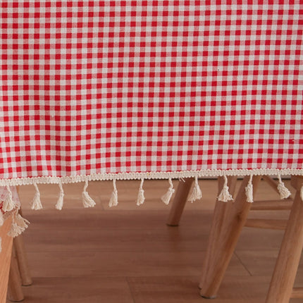 Tassel Lace Daisy Print Cotton Linen Tablecloth, Size:100x140cm(Red Plaid)-garmade.com