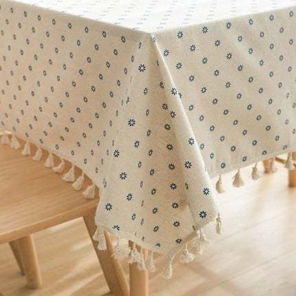 Tassel Lace Daisy Print Cotton Linen Tablecloth, Size:140x140cm(Little Blue Chrysanthemum)-garmade.com