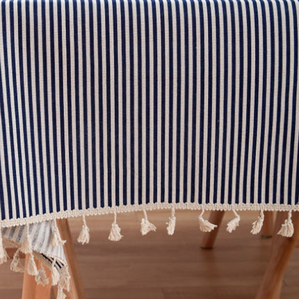 Tassel Lace Daisy Print Cotton Linen Tablecloth, Size:140x140cm(Navy Blue Stripes)-garmade.com