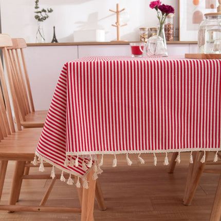 Tassel Lace Daisy Print Cotton Linen Tablecloth, Size:140x140cm(Red Stripes)-garmade.com