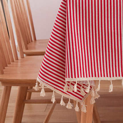 Tassel Lace Daisy Print Cotton Linen Tablecloth, Size:140x140cm(Red Stripes)-garmade.com
