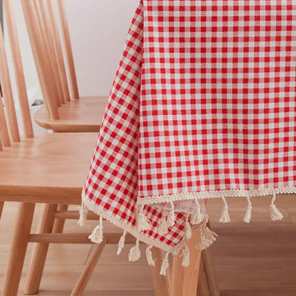 Tassel Lace Daisy Print Cotton Linen Tablecloth, Size:140x160cm(Red Plaid)-garmade.com