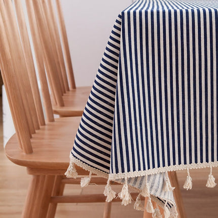 Tassel Lace Daisy Print Cotton Linen Tablecloth, Size:140x200cm(Navy Blue Stripes)-garmade.com