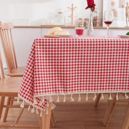 Tassel Lace Daisy Print Cotton Linen Tablecloth, Size:140x260cm(Red Plaid)-garmade.com