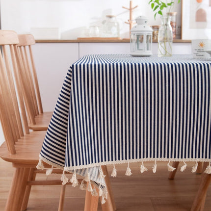 Tassel Lace Daisy Print Cotton Linen Tablecloth, Size:140x260cm(Navy Blue Stripes)-garmade.com
