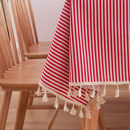 Tassel Lace Daisy Print Cotton Linen Tablecloth, Size:140x260cm(Red Stripes)-garmade.com