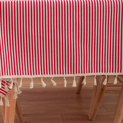 Tassel Lace Daisy Print Cotton Linen Tablecloth, Size:140x260cm(Red Stripes)-garmade.com