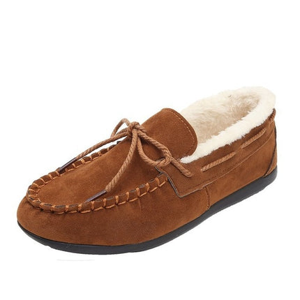 Solid Color Velvet Warm Female Flat Cotton Non-slip Shoes, Size:35(Navy Brown)-garmade.com