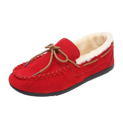 Solid Color Velvet Warm Female Flat Cotton Non-slip Shoes, Size:35(Red)-garmade.com