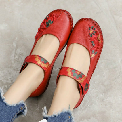 Flower Round Toe Soft Bottom Vintage Leather Flat Shoes, Szie:35(Red)-garmade.com
