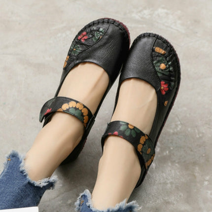 Flower Round Toe Soft Bottom Vintage Leather Flat Shoes, Szie:35(Black)-garmade.com