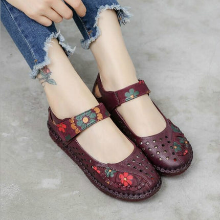 Flower Round Toe Soft Bottom Vintage Leather Flat Shoes, Szie:35(Purple Sandals)-garmade.com