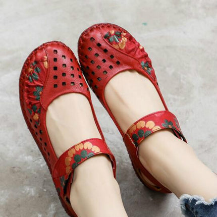 Flower Round Toe Soft Bottom Vintage Leather Flat Shoes, Szie:35(Red Sandals)-garmade.com