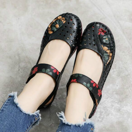 Flower Round Toe Soft Bottom Vintage Leather Flat Shoes, Szie:37(Black Sandals)-garmade.com