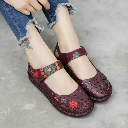 Flower Round Toe Soft Bottom Vintage Leather Flat Shoes, Szie:37(Purple Sandals)-garmade.com