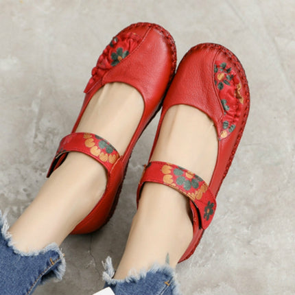 Flower Round Toe Soft Bottom Vintage Leather Flat Shoes, Szie:40(Red)-garmade.com