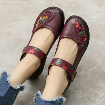 Flower Round Toe Soft Bottom Vintage Leather Flat Shoes, Szie:40(Red)-garmade.com