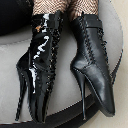 Ballet Pumps Spike Heel Black Lace-Up Pointed Toe Shoes, Size:36(Bright Black)-garmade.com