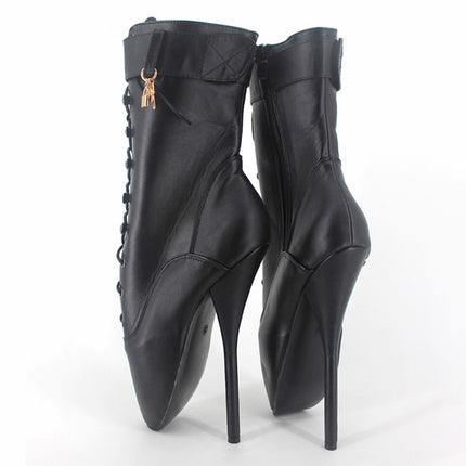 Ballet Pumps Spike Heel Black Lace-Up Pointed Toe Shoes, Size:38(Matte Black)-garmade.com
