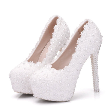 Pearl Lace Wedding Shoes Stiletto Women High Heels, Size:37(White)-garmade.com