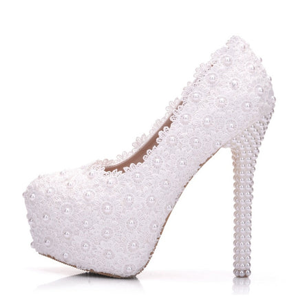 Pearl Lace Wedding Shoes Stiletto Women High Heels, Size:37(Pink)-garmade.com