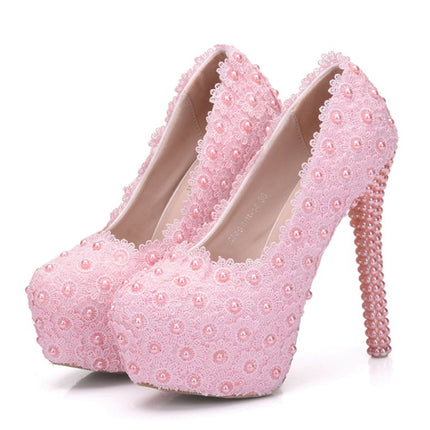 Pearl Lace Wedding Shoes Stiletto Women High Heels, Size:38(Pink)-garmade.com