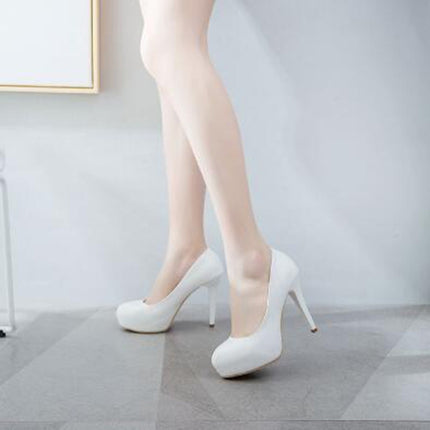 Solid Color PU Leather Ladies High Heels Slip-On Party Dress Shoes, Size:34(White)-garmade.com