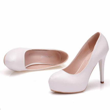 Solid Color PU Leather Ladies High Heels Slip-On Party Dress Shoes, Size:35(White)-garmade.com