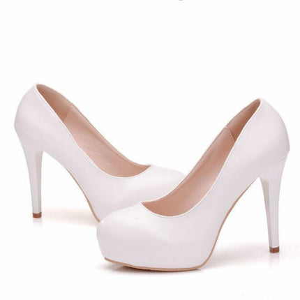 Solid Color PU Leather Ladies High Heels Slip-On Party Dress Shoes, Size:39(White)-garmade.com