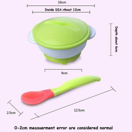 Children Sucker Temperature Spoon Cover Bowl Baby Drop-proof Training Bowl Infant Feeding Tableware(Two Color Bowl Blue + Spoon)-garmade.com