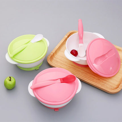 Children Sucker Temperature Spoon Cover Bowl Baby Drop-proof Training Bowl Infant Feeding Tableware(Two Color Bowl Blue + Spoon)-garmade.com
