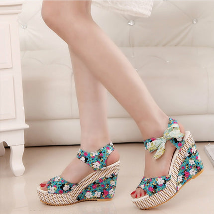 Bohemian Thick-Bottomed Fish Mouth Wedge With High-Heeled Flowers Wild Women's Shoes, Size:35(Blue)-garmade.com