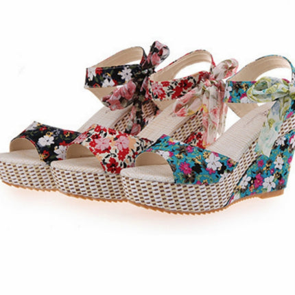 Bohemian Thick-Bottomed Fish Mouth Wedge With High-Heeled Flowers Wild Women's Shoes, Size:35(Blue)-garmade.com