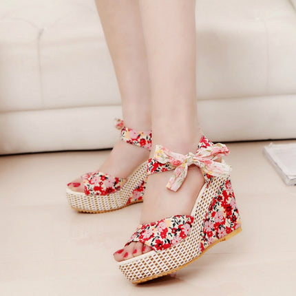 Bohemian Thick-Bottomed Fish Mouth Wedge With High-Heeled Flowers Wild Women's Shoes, Size:37(Red)-garmade.com