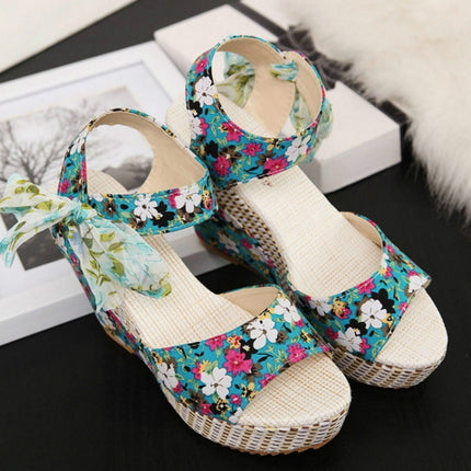 Bohemian Thick-Bottomed Fish Mouth Wedge With High-Heeled Flowers Wild Women's Shoes, Size:37(Blue)-garmade.com