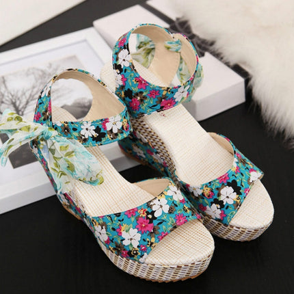 Bohemian Thick-Bottomed Fish Mouth Wedge With High-Heeled Flowers Wild Women's Shoes, Size:39(Blue)-garmade.com