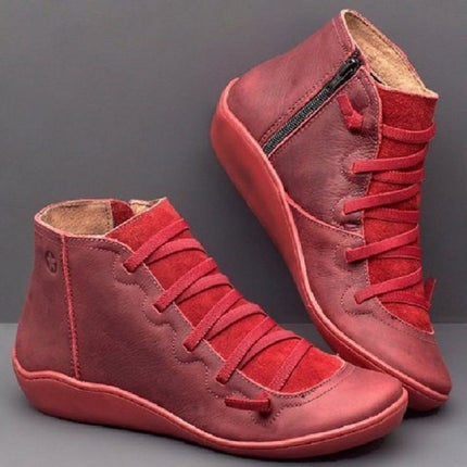 PU Boots Lace-Up Retro Flat Women Boots, Size:35(Red)-garmade.com