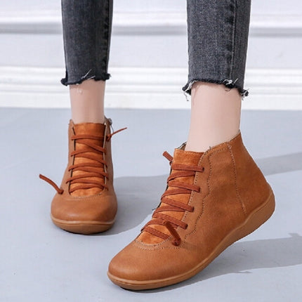PU Boots Lace-Up Retro Flat Women Boots, Size:35(Red)-garmade.com