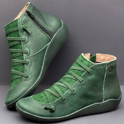 PU Boots Lace-Up Retro Flat Women Boots, Size:35(Green)-garmade.com