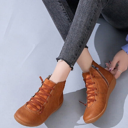 PU Boots Lace-Up Retro Flat Women Boots, Size:37(Red)-garmade.com