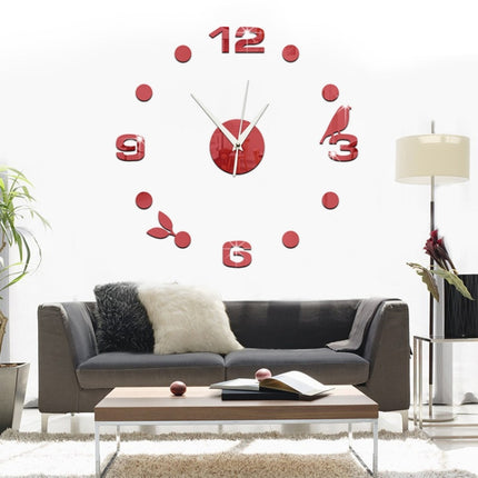 Art Wall Clock Background Wall Stickers TV Wall Stickers 3D Bird Leaves Wall Clock Home Accessories(Red)-garmade.com