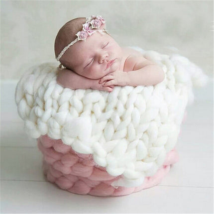 50x50cm New Born Baby Knitted Wool Blanket Newborn Photography Props Chunky Knit Blanket Basket Filler(White)-garmade.com