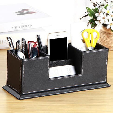 Creative Pen Support Fashion Leather Multifunctional Desktop Office Storage Pen Case Socket Double Pen Holder(Black)-garmade.com