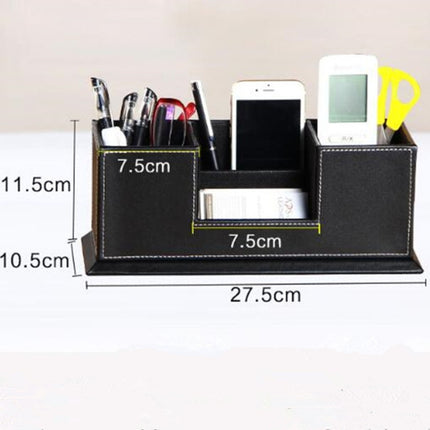 Creative Pen Support Fashion Leather Multifunctional Desktop Office Storage Pen Case Socket Double Pen Holder(Black)-garmade.com