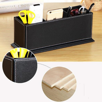 Creative Pen Support Fashion Leather Multifunctional Desktop Office Storage Pen Case Socket Double Pen Holder(Brown)-garmade.com