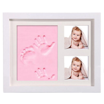 Solid Wood Three-frame BabyHands and Feet Mud Print Photo Frame with Cover(White Photo Frame Pink Mud)-garmade.com