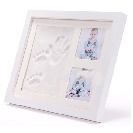 Solid Wood Three-frame BabyHands and Feet Mud Print Photo Frame with Cover(White Photo Frame Pink Mud)-garmade.com